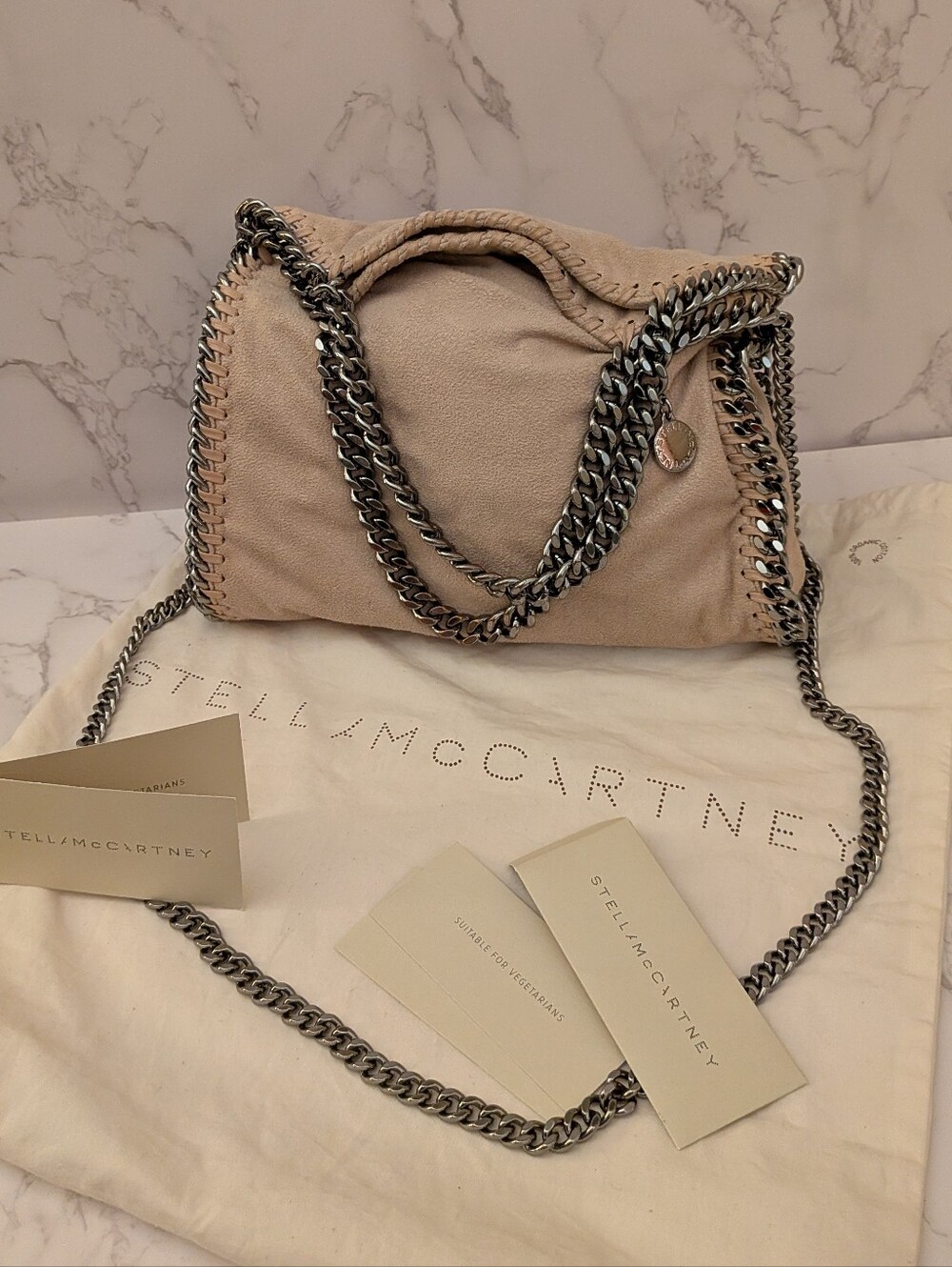 Stella McCartney Falabella Fold-over Beige Crossbody Tote w Silver Chain & Dusty